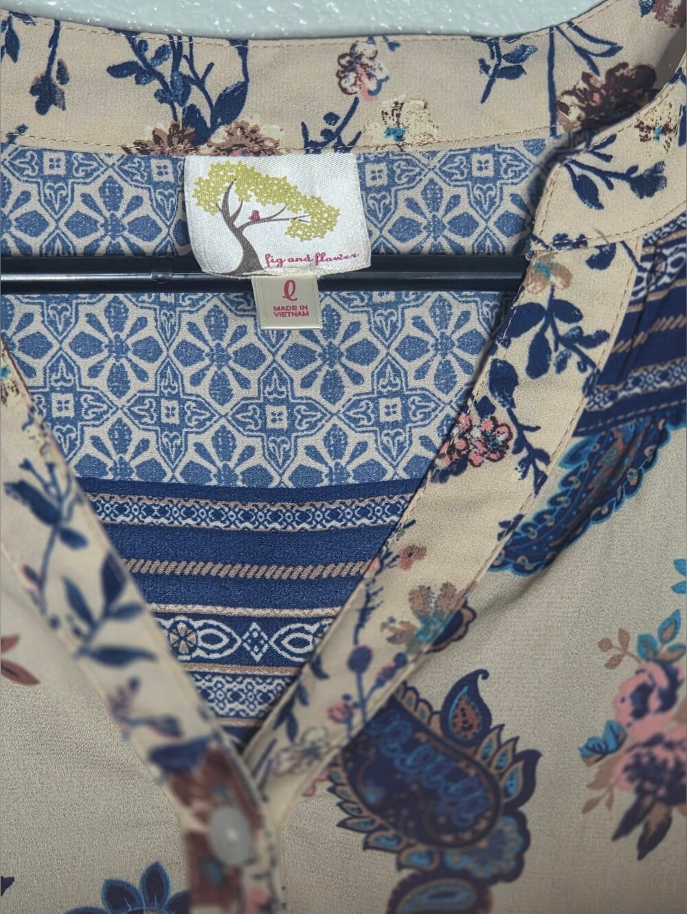 Fig & Flower Boho Paisley Floral Button Up Tunic Blouse-Roll Tab Sleeve-Size Lg - Picture 7 of 11